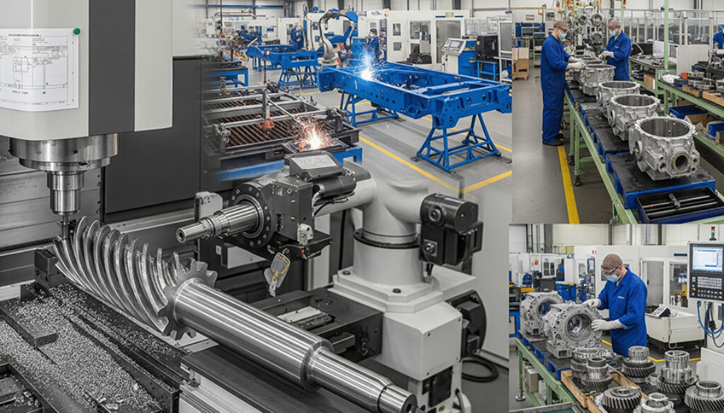 Auto parts manufacturing plant with CNC machines and robotic arms